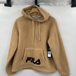 FILA Womens XL Sweatshirt Tan Long Teddy Sherpa 1/4 ‎ Zip Fleece Hoodie NWT